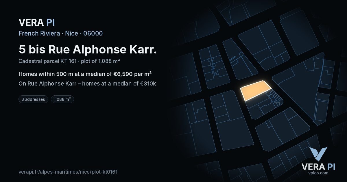 5 bis Rue Alphonse Karr, Nice at night – the plot lit, the parcels around coloured by the prices near them