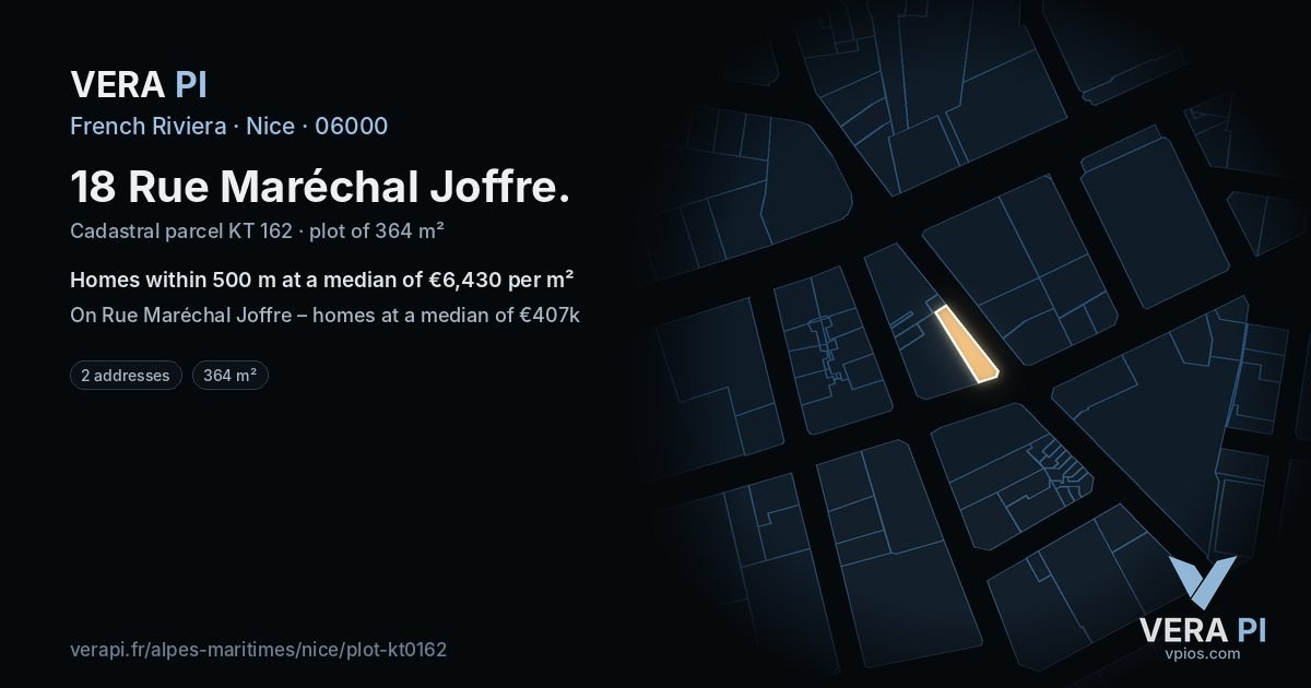 18 Rue Maréchal Joffre, Nice at night – the plot lit, the parcels around coloured by the prices near them