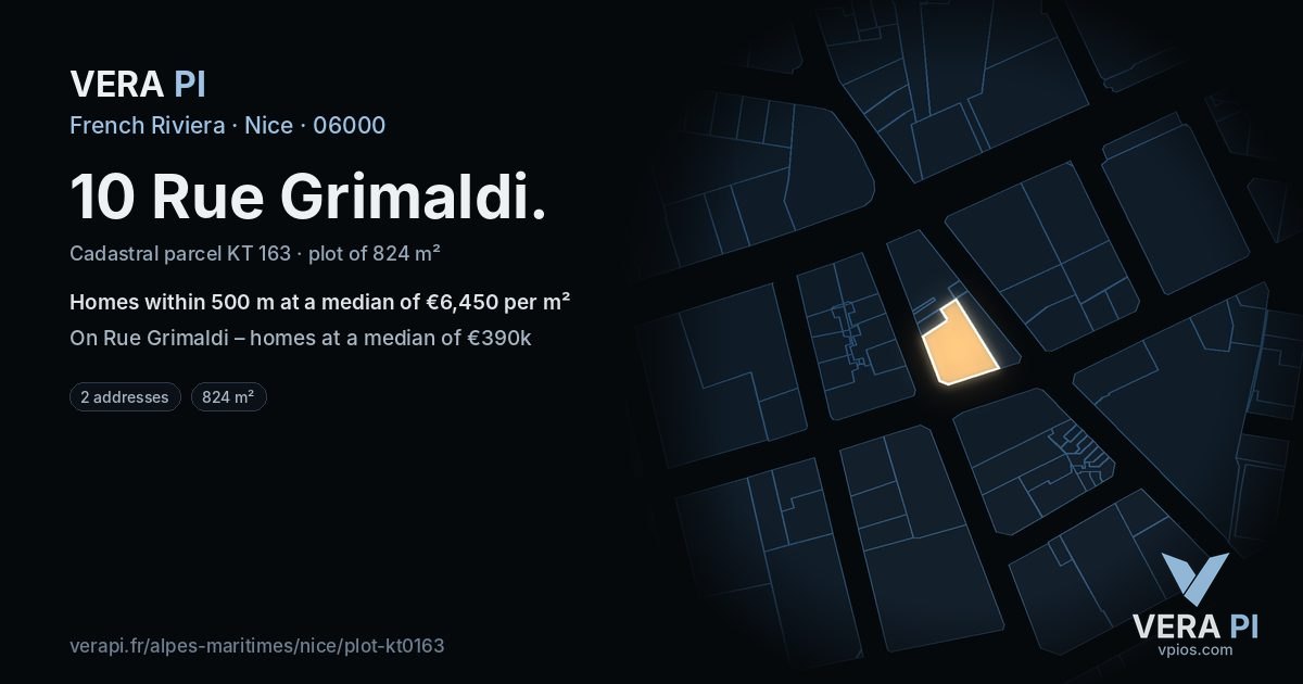 10 Rue Grimaldi, Nice at night – the plot lit, the parcels around coloured by the prices near them