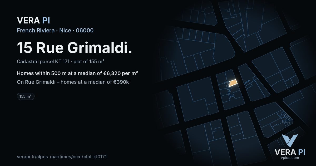 15 Rue Grimaldi, Nice at night – the plot lit, the parcels around coloured by the prices near them