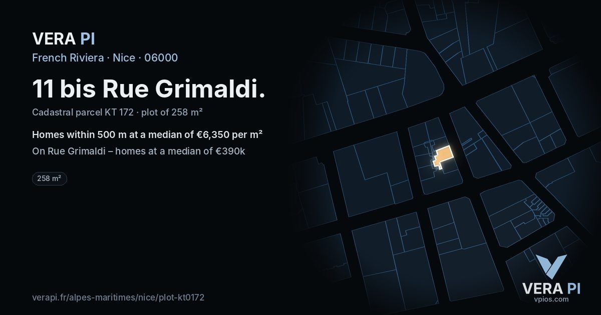 11 bis Rue Grimaldi, Nice at night – the plot lit, the parcels around coloured by the prices near them