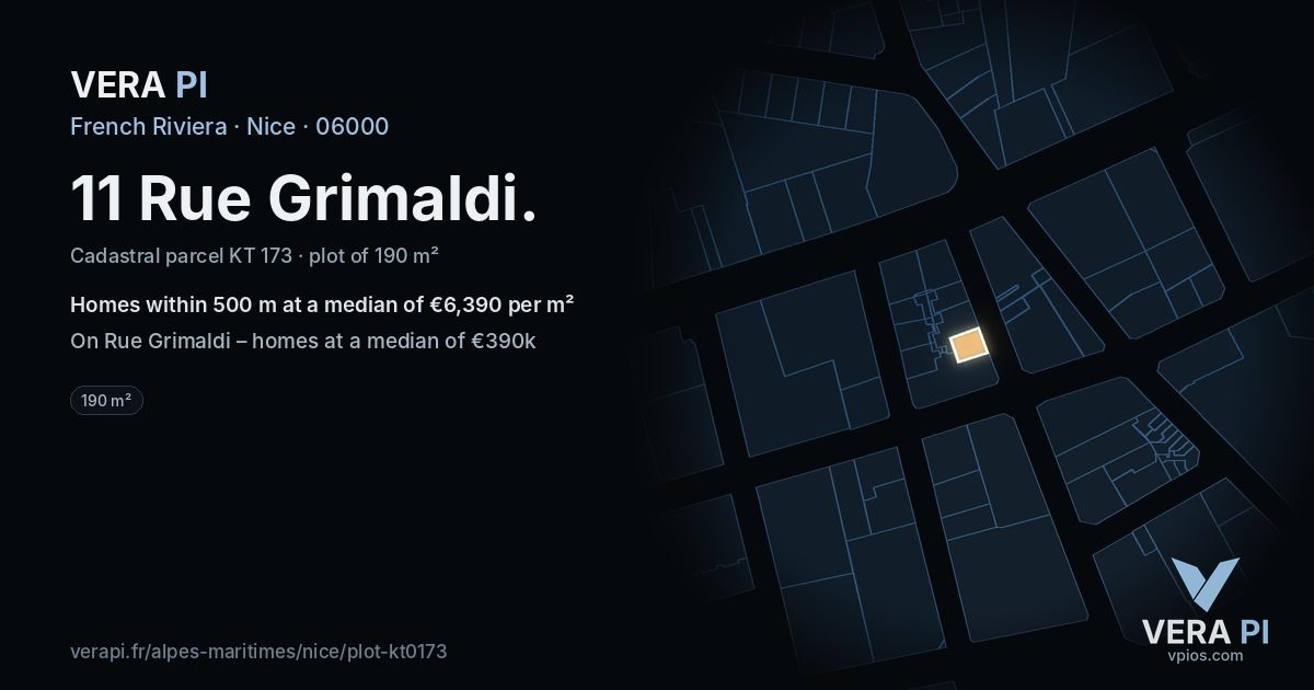 11 Rue Grimaldi, Nice at night – the plot lit, the parcels around coloured by the prices near them