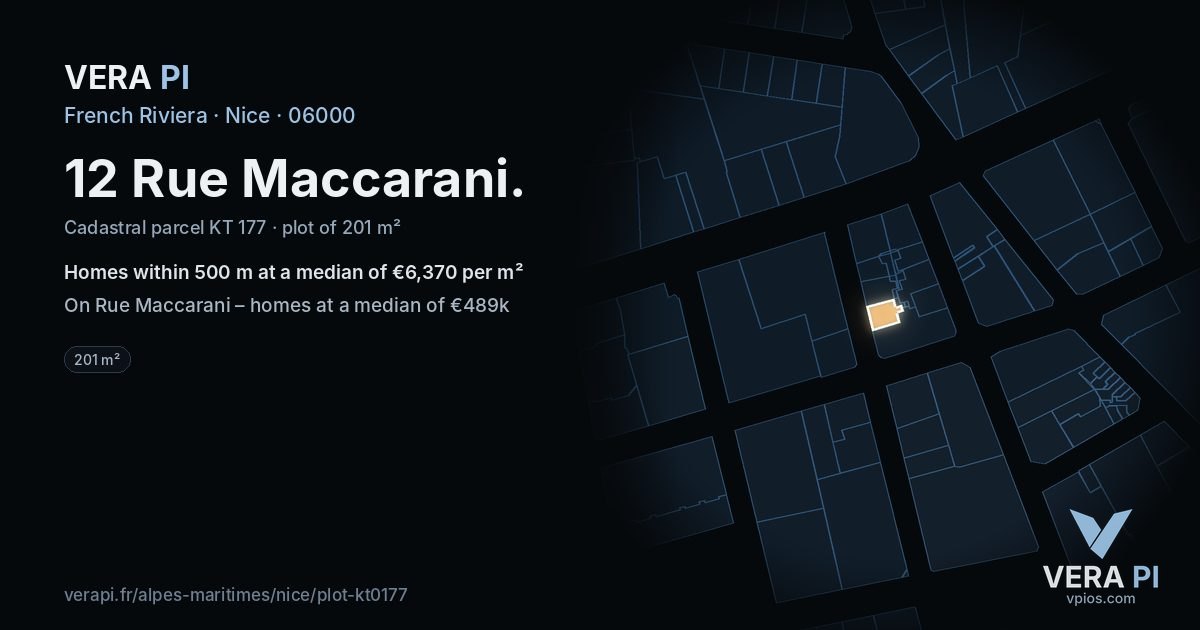 12 Rue Maccarani, Nice at night – the plot lit, the parcels around coloured by the prices near them