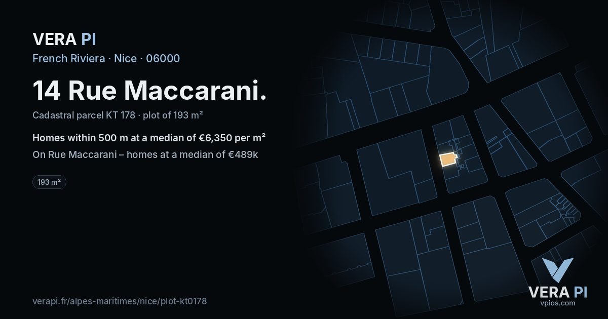 14 Rue Maccarani, Nice at night – the plot lit, the parcels around coloured by the prices near them