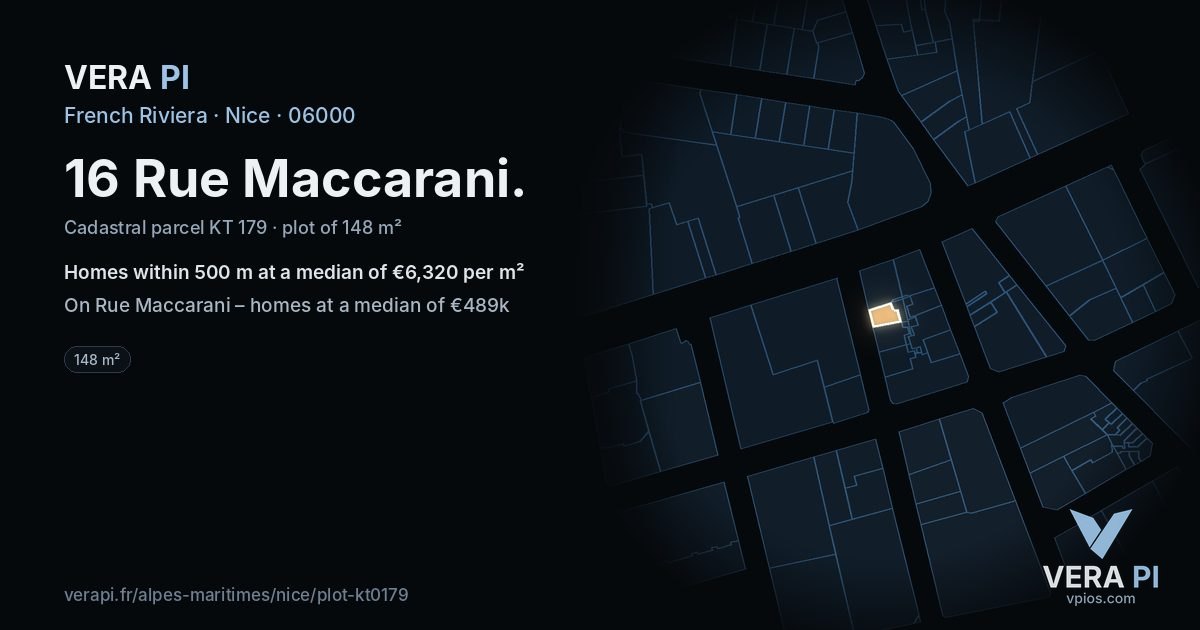 16 Rue Maccarani, Nice at night – the plot lit, the parcels around coloured by the prices near them