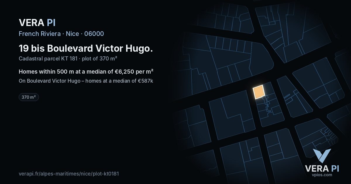 19 bis Boulevard Victor Hugo, Nice at night – the plot lit, the parcels around coloured by the prices near them