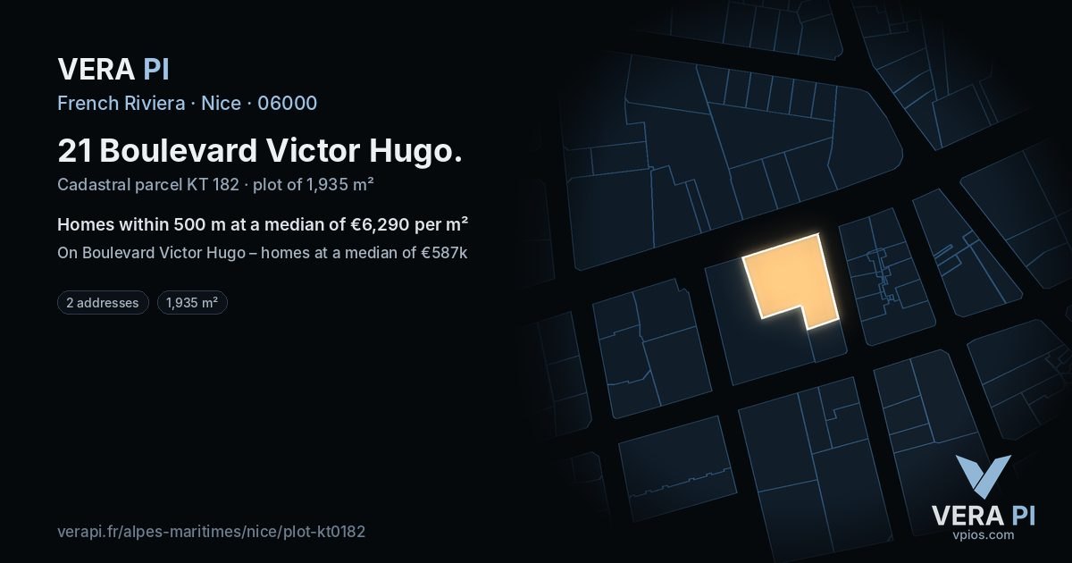 21 Boulevard Victor Hugo, Nice at night – the plot lit, the parcels around coloured by the prices near them