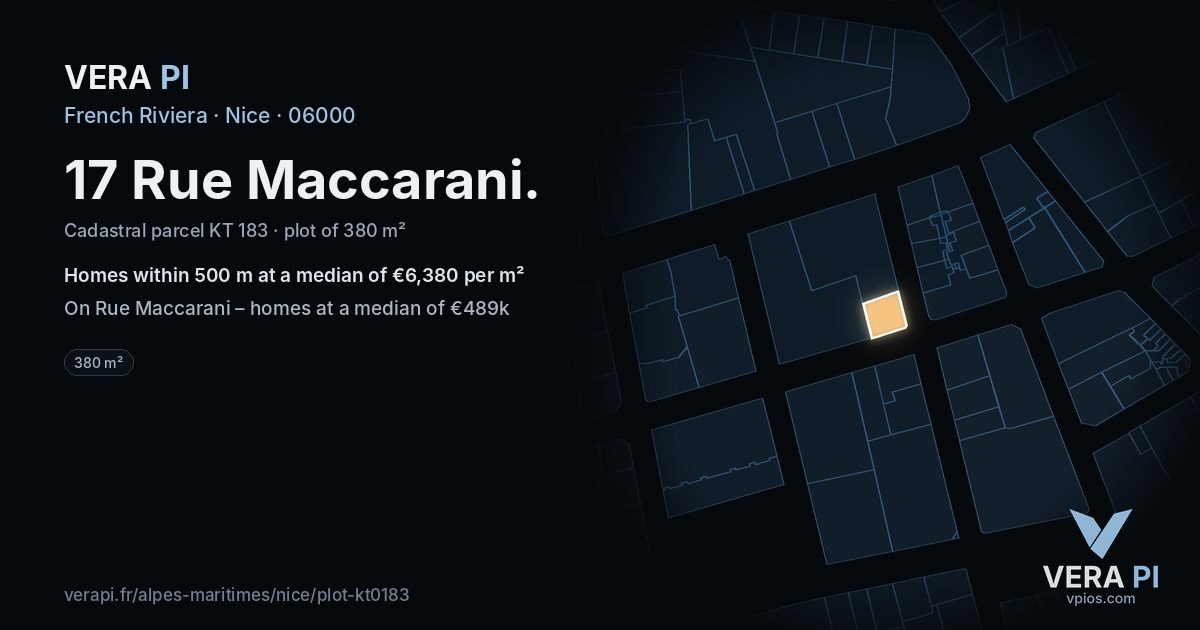 17 Rue Maccarani, Nice at night – the plot lit, the parcels around coloured by the prices near them