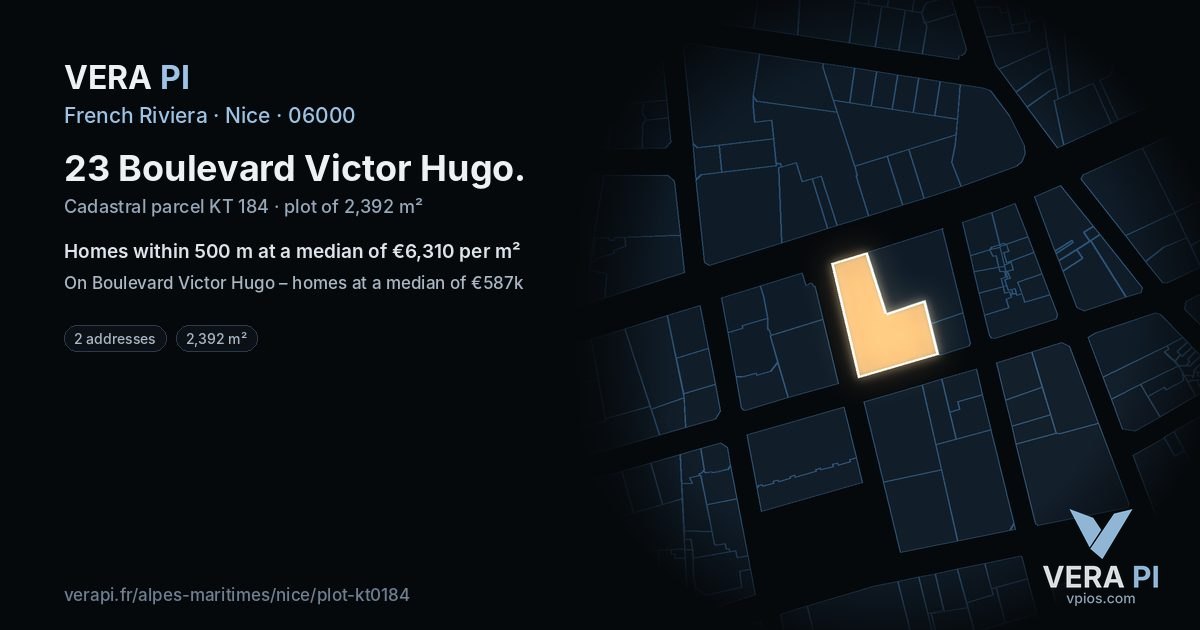 23 Boulevard Victor Hugo, Nice at night – the plot lit, the parcels around coloured by the prices near them