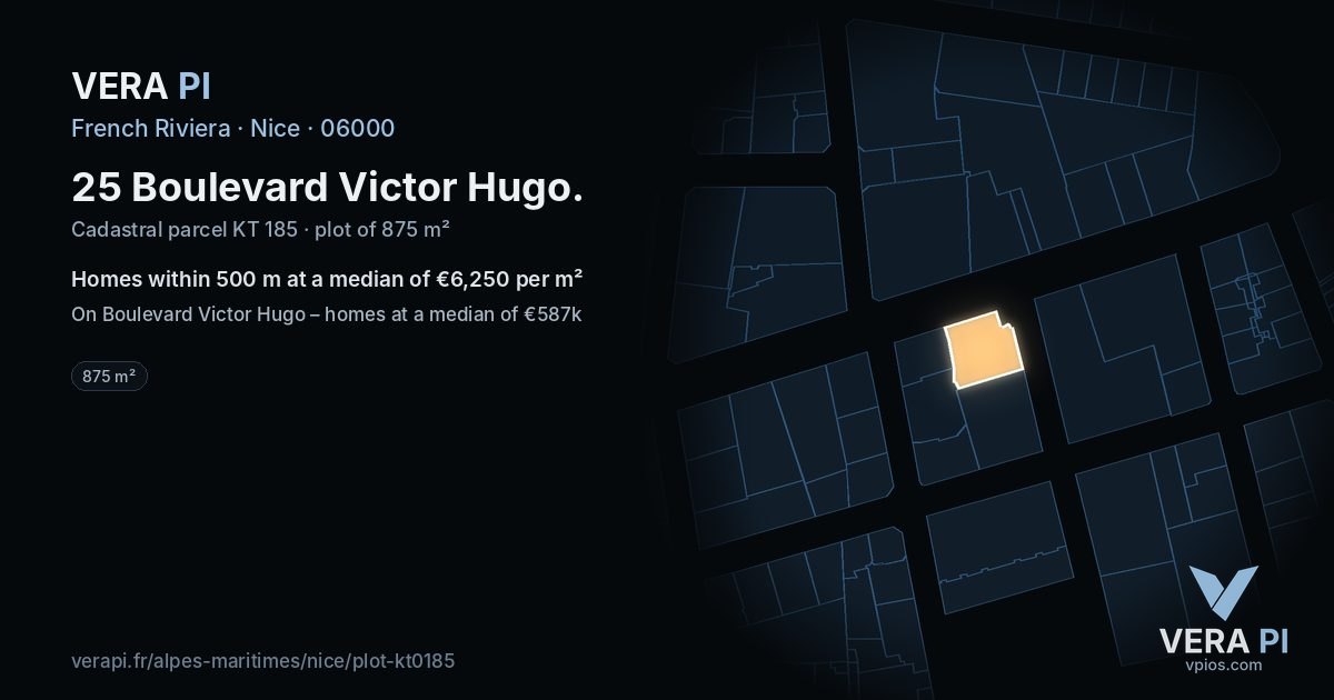 25 Boulevard Victor Hugo, Nice at night – the plot lit, the parcels around coloured by the prices near them