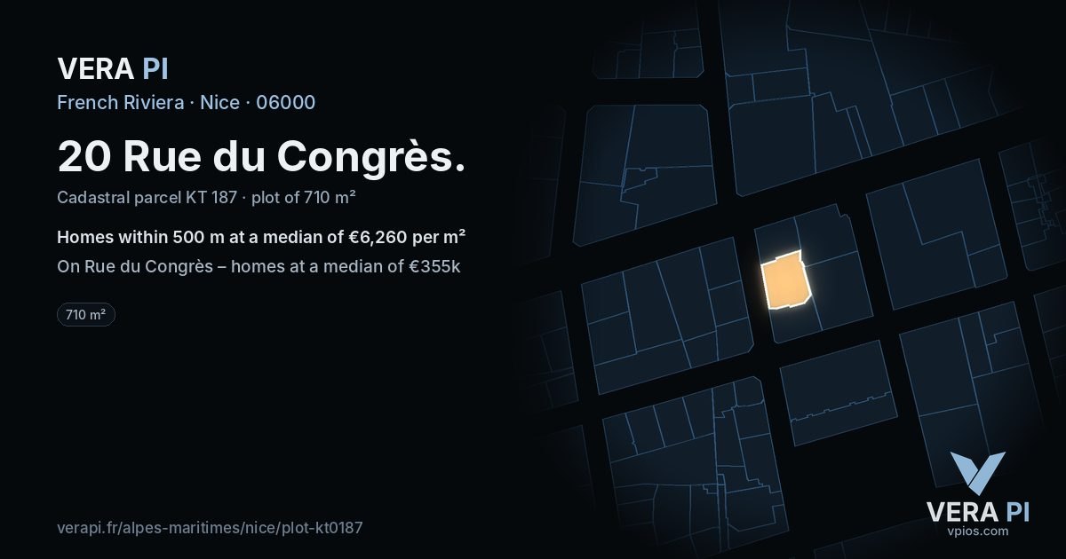 20 Rue du Congrès, Nice at night – the plot lit, the parcels around coloured by the prices near them