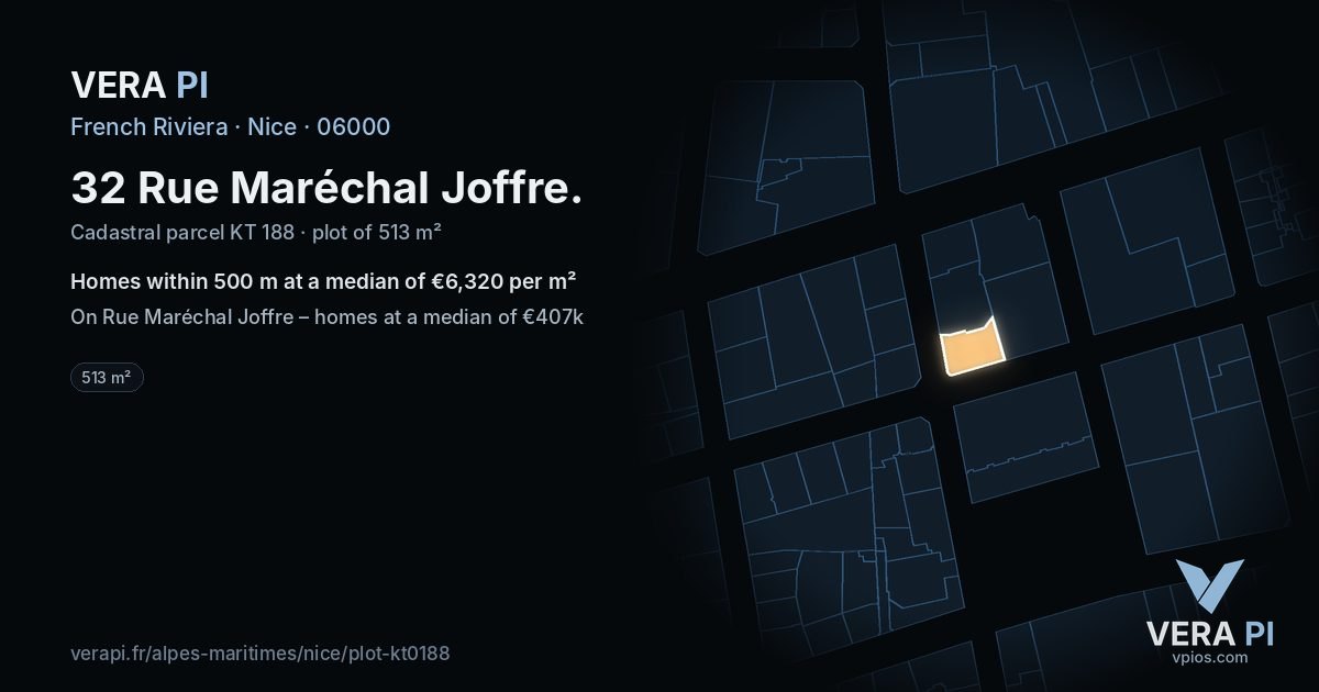 32 Rue Maréchal Joffre, Nice at night – the plot lit, the parcels around coloured by the prices near them