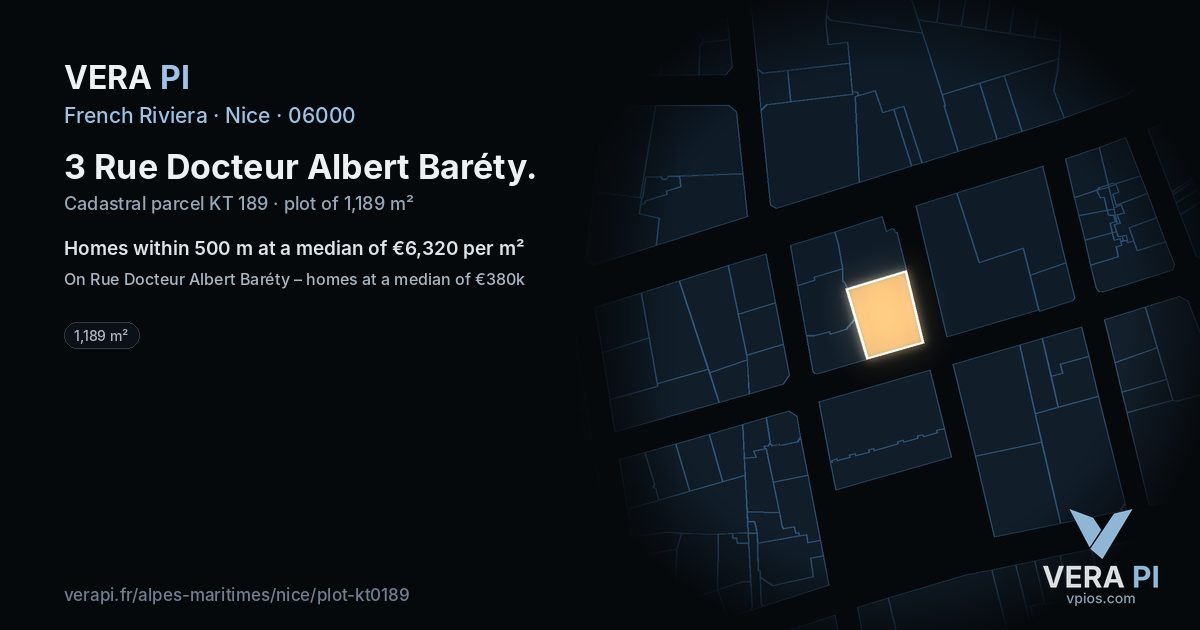 3 Rue Docteur Albert Baréty, Nice at night – the plot lit, the parcels around coloured by the prices near them