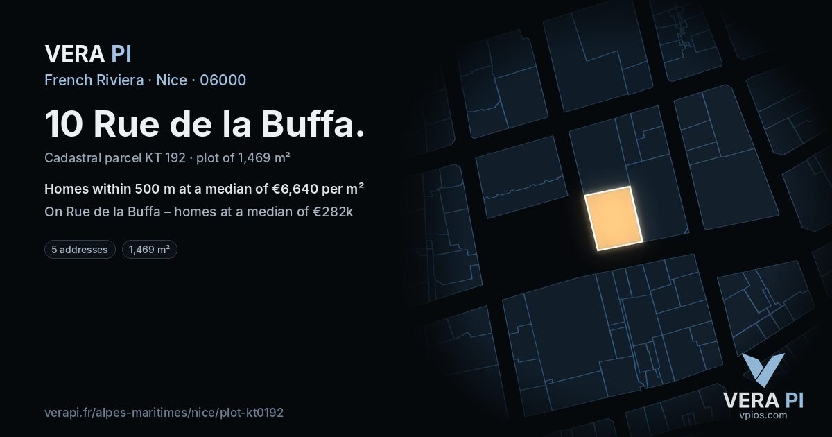 10 Rue de la Buffa, Nice at night – the plot lit, the parcels around coloured by the prices near them