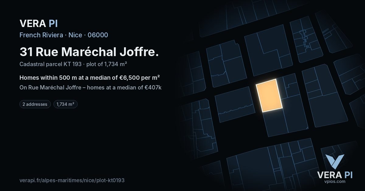 31 Rue Maréchal Joffre, Nice at night – the plot lit, the parcels around coloured by the prices near them