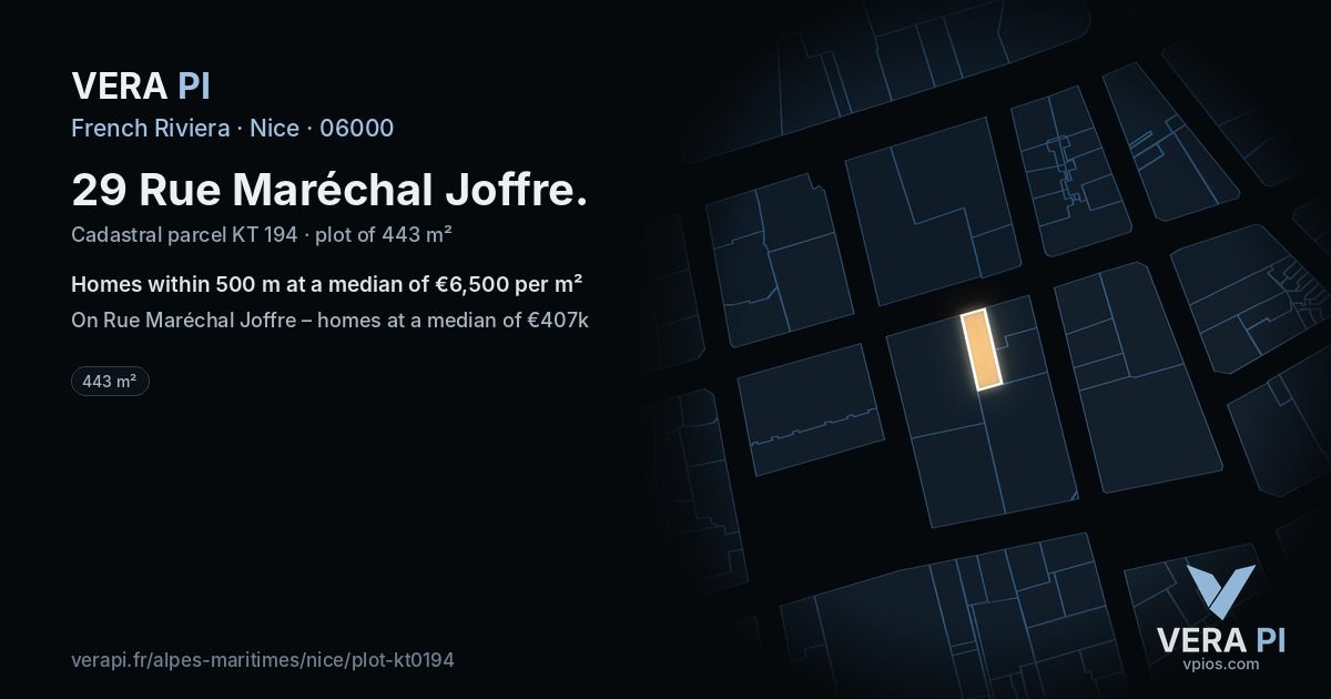 29 Rue Maréchal Joffre, Nice at night – the plot lit, the parcels around coloured by the prices near them