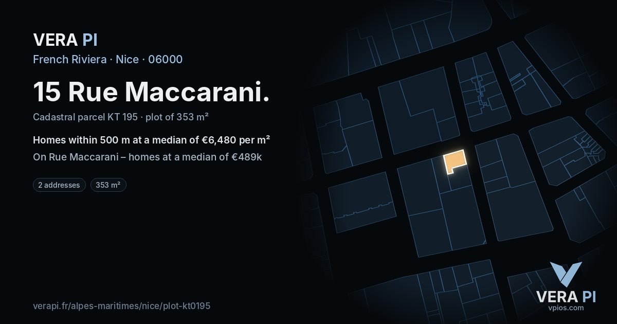15 Rue Maccarani, Nice at night – the plot lit, the parcels around coloured by the prices near them