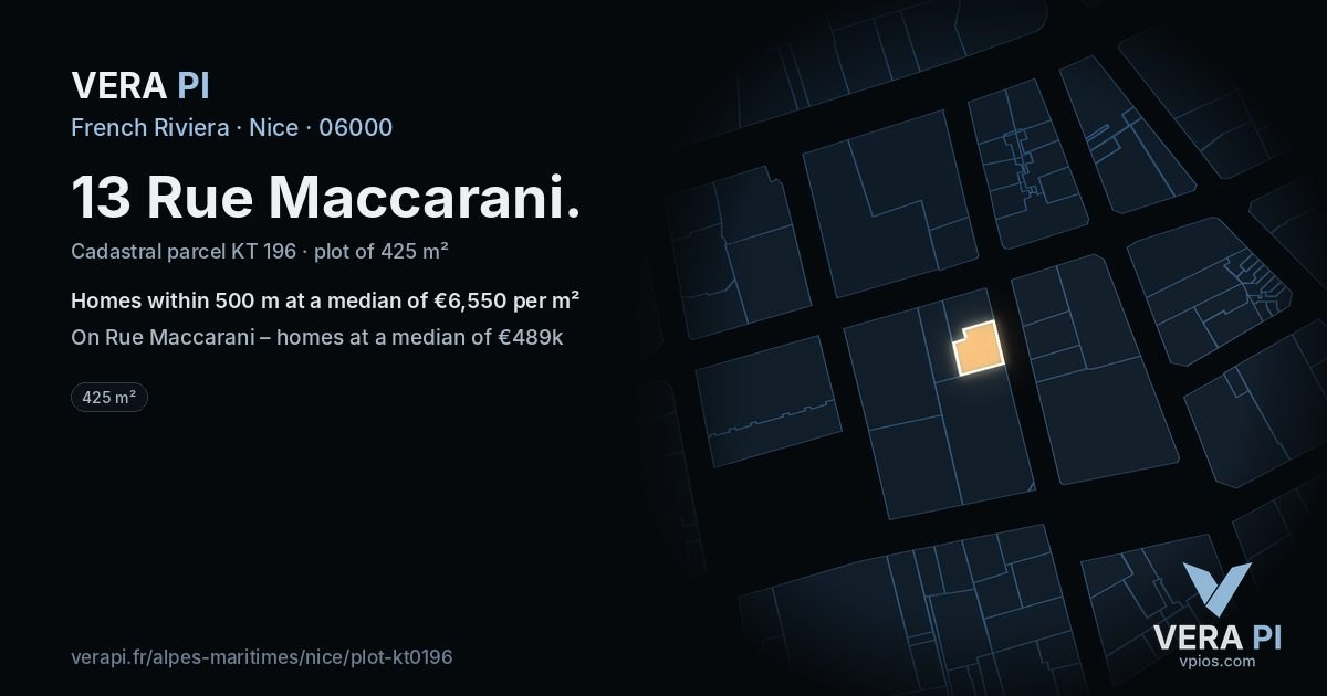 13 Rue Maccarani, Nice at night – the plot lit, the parcels around coloured by the prices near them
