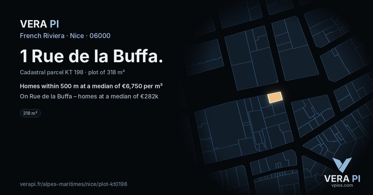 1 Rue de la Buffa, Nice at night – the plot lit, the parcels around coloured by the prices near them