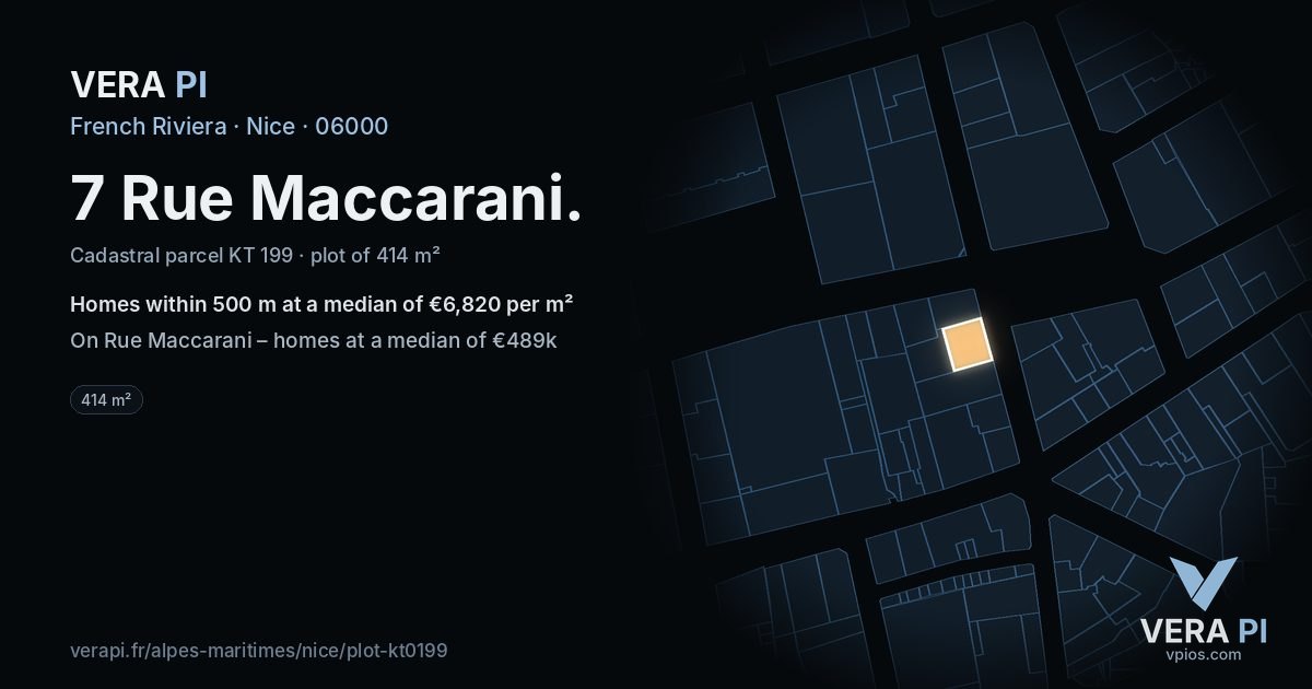 7 Rue Maccarani, Nice at night – the plot lit, the parcels around coloured by the prices near them