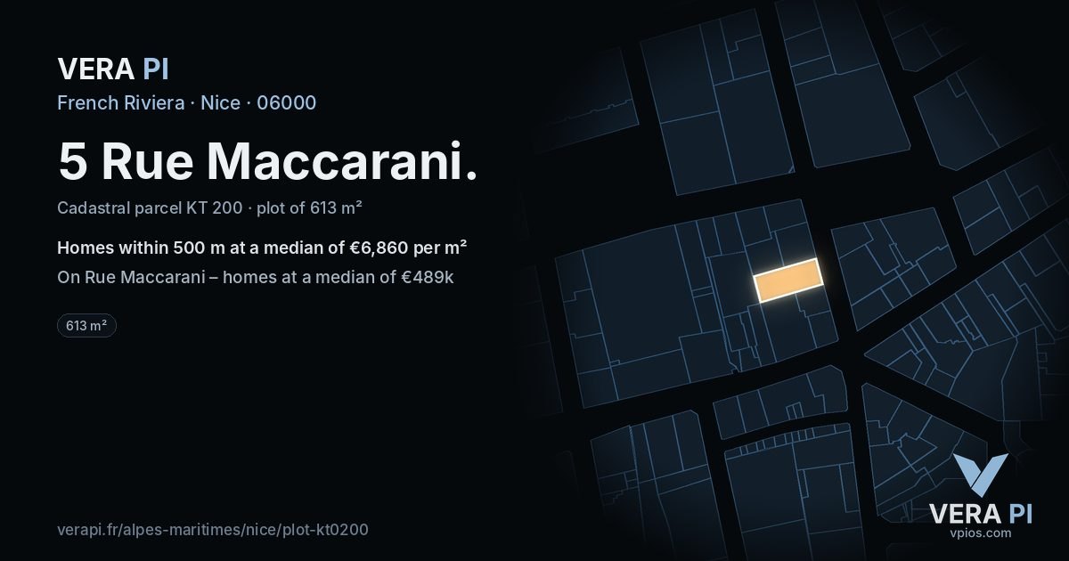 5 Rue Maccarani, Nice at night – the plot lit, the parcels around coloured by the prices near them