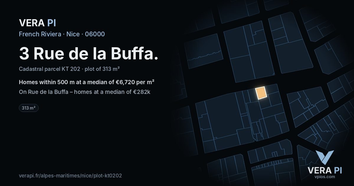 3 Rue de la Buffa, Nice at night – the plot lit, the parcels around coloured by the prices near them