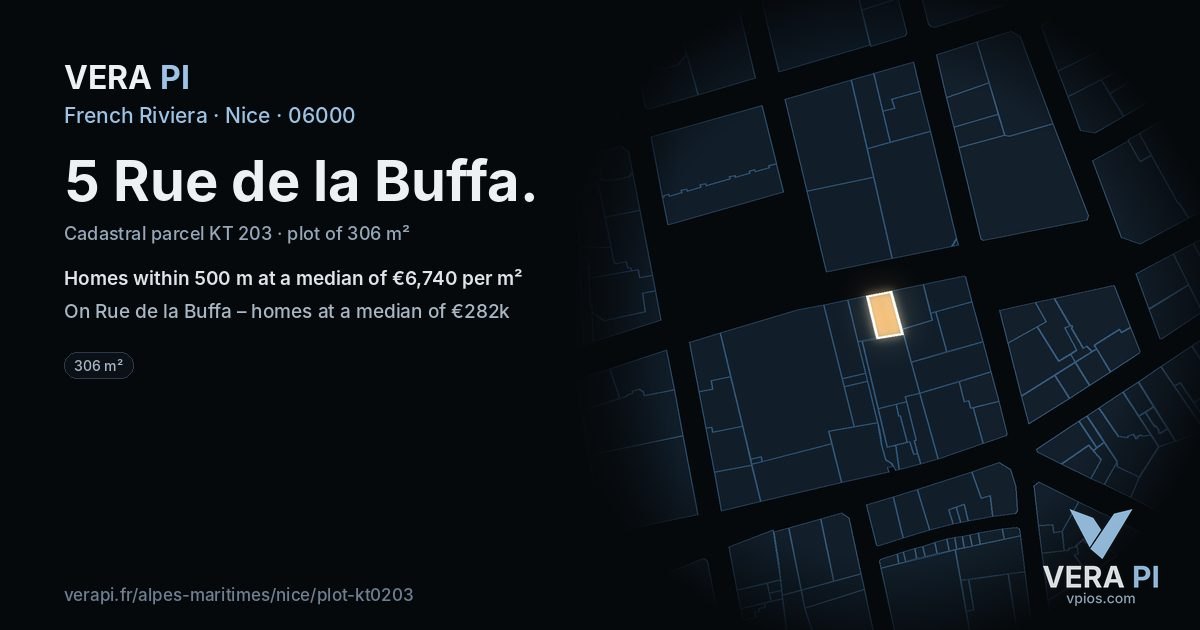 5 Rue de la Buffa, Nice at night – the plot lit, the parcels around coloured by the prices near them