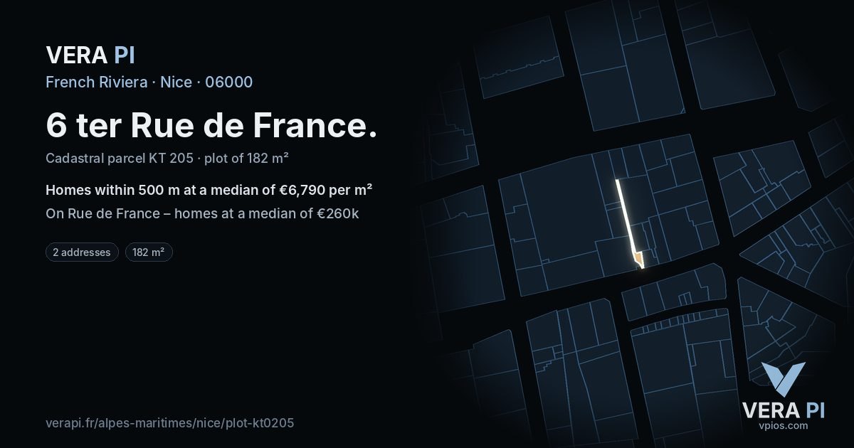 6 ter Rue de France, Nice at night – the plot lit, the parcels around coloured by the prices near them