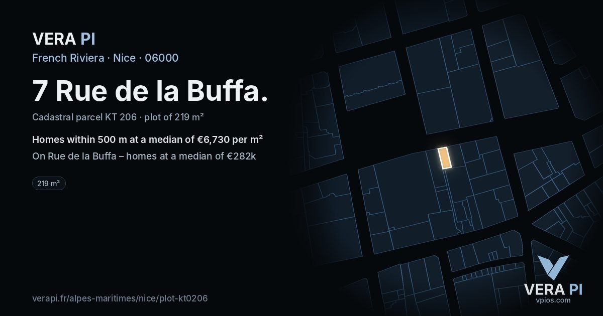 7 Rue de la Buffa, Nice at night – the plot lit, the parcels around coloured by the prices near them