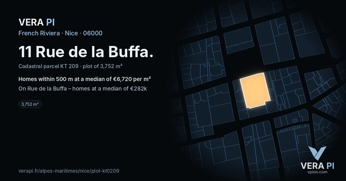 11 Rue de la Buffa, Nice at night – the plot lit, the parcels around coloured by the prices near them