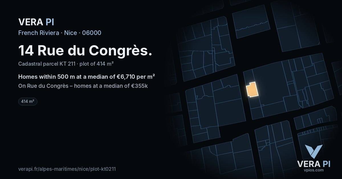14 Rue du Congrès, Nice at night – the plot lit, the parcels around coloured by the prices near them