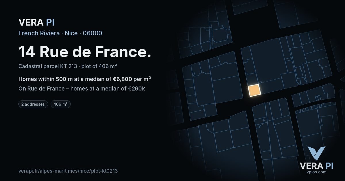 14 Rue de France, Nice at night – the plot lit, the parcels around coloured by the prices near them