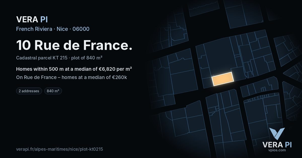 10 Rue de France, Nice at night – the plot lit, the parcels around coloured by the prices near them