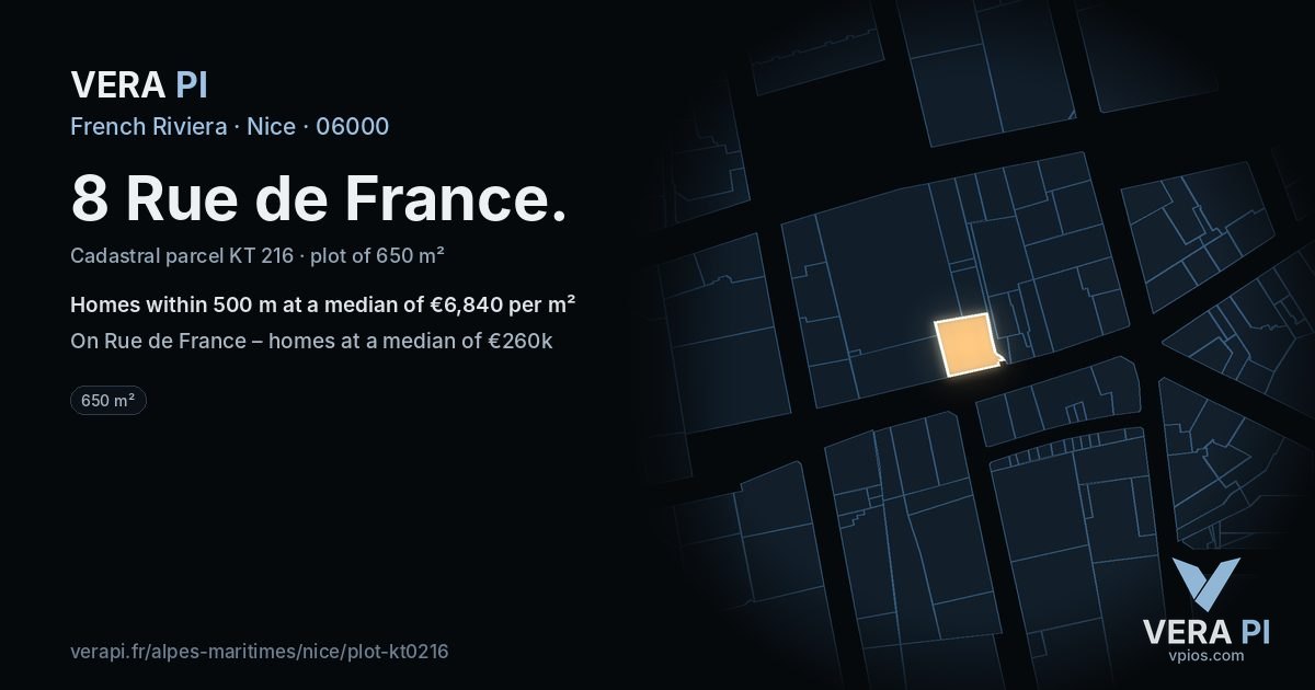 8 Rue de France, Nice at night – the plot lit, the parcels around coloured by the prices near them