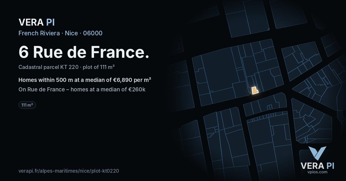 6 Rue de France, Nice at night – the plot lit, the parcels around coloured by the prices near them