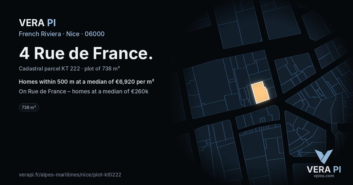 4 Rue de France, Nice at night – the plot lit, the parcels around coloured by the prices near them