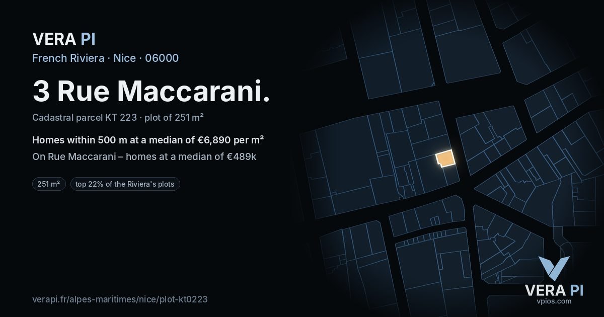 3 Rue Maccarani, Nice at night – the plot lit, the parcels around coloured by the prices near them