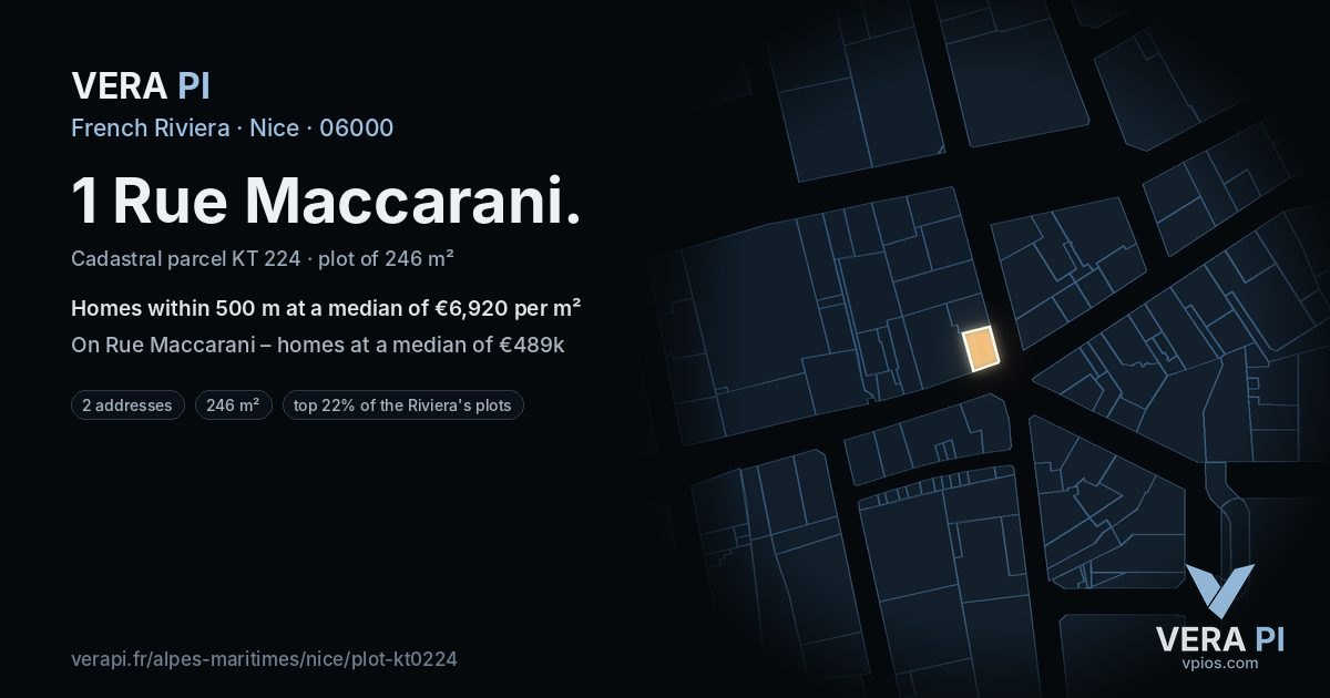 1 Rue Maccarani, Nice at night – the plot lit, the parcels around coloured by the prices near them