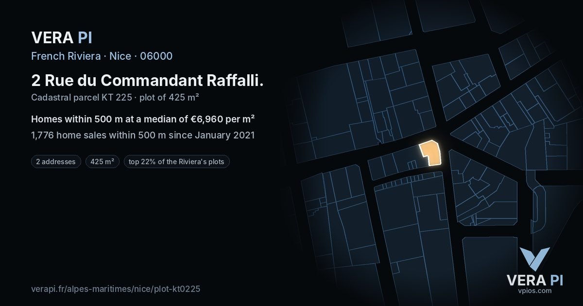 2 Rue du Commandant Raffalli, Nice at night – the plot lit, the parcels around coloured by the prices near them