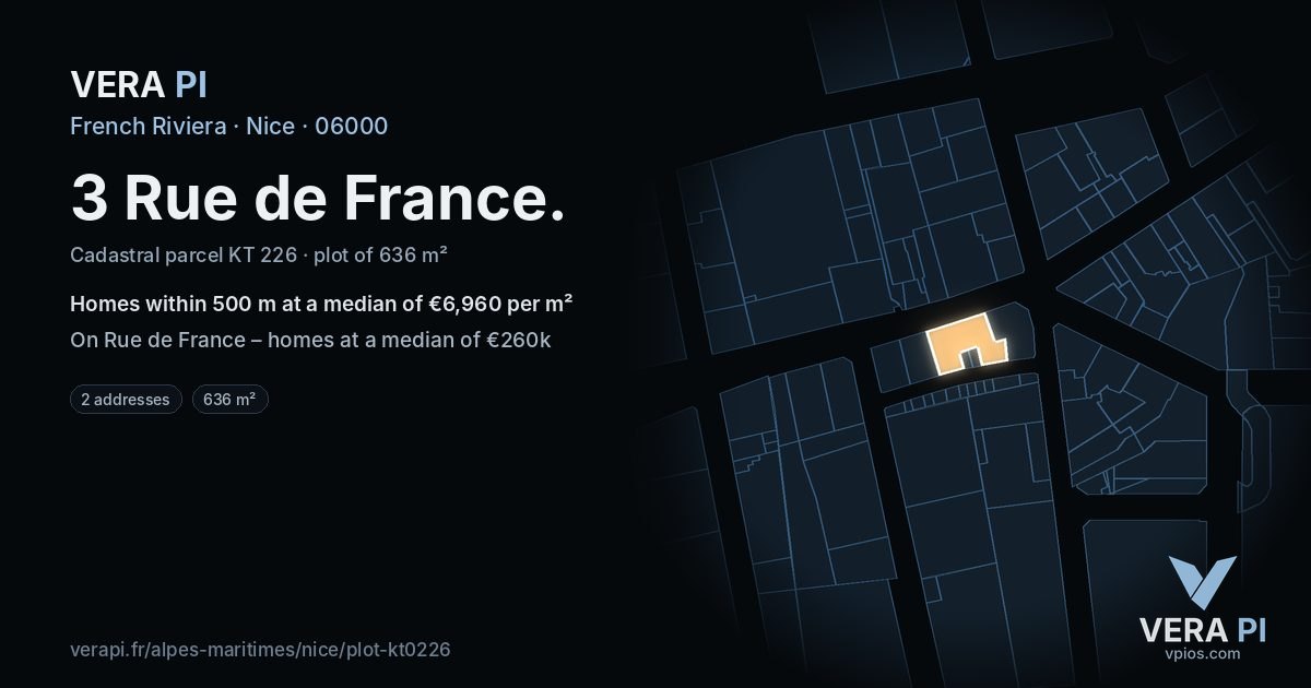 3 Rue de France, Nice at night – the plot lit, the parcels around coloured by the prices near them