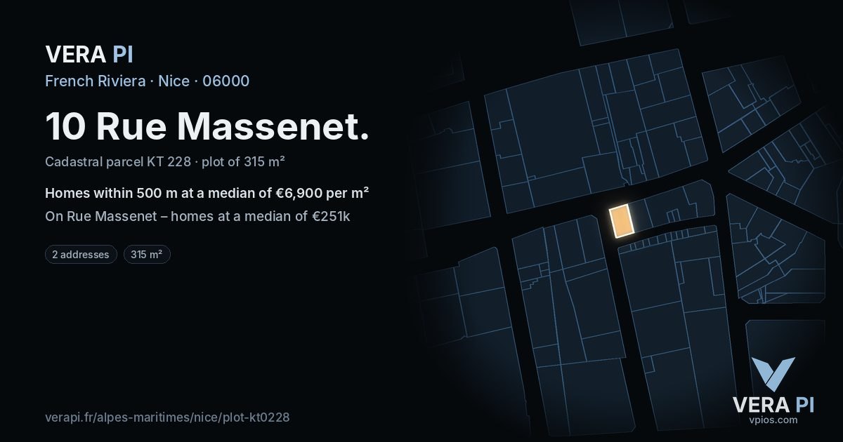 10 Rue Massenet, Nice at night – the plot lit, the parcels around coloured by the prices near them