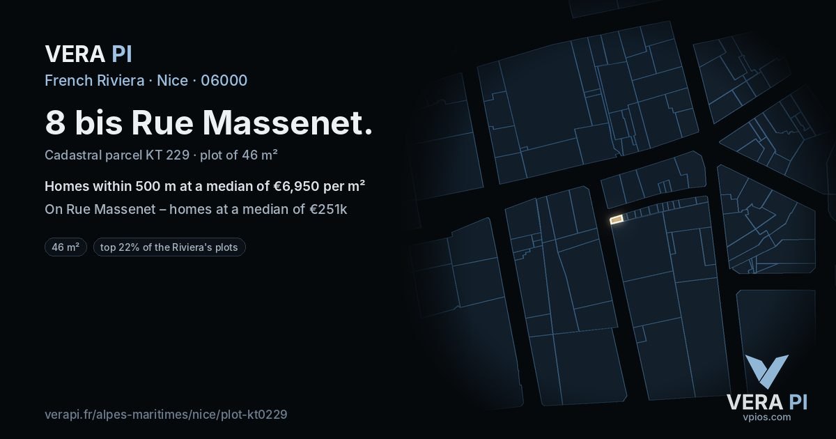 8 bis Rue Massenet, Nice at night – the plot lit, the parcels around coloured by the prices near them