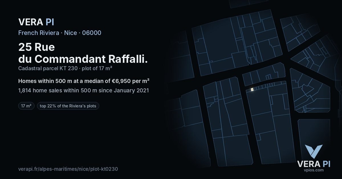 25 Rue du Commandant Raffalli, Nice at night – the plot lit, the parcels around coloured by the prices near them