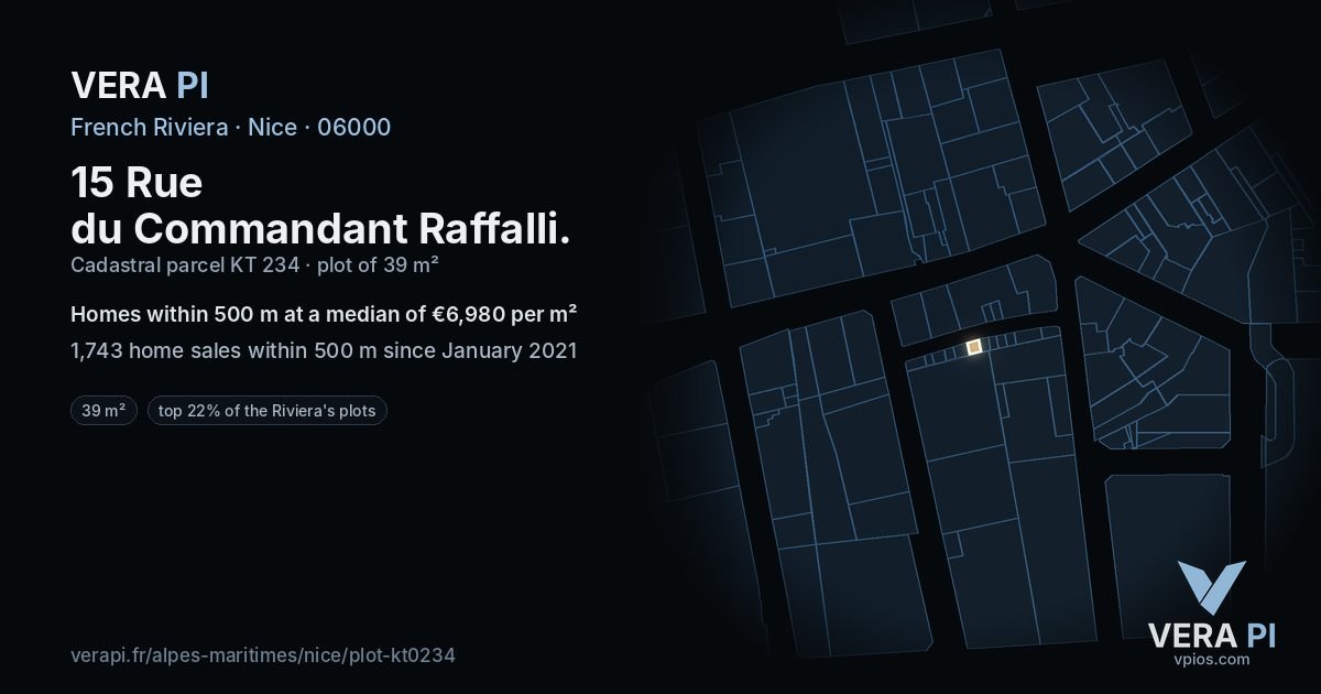 15 Rue du Commandant Raffalli, Nice at night – the plot lit, the parcels around coloured by the prices near them