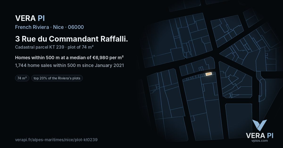 3 Rue du Commandant Raffalli, Nice at night – the plot lit, the parcels around coloured by the prices near them