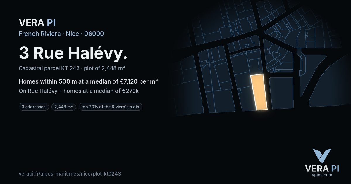 3 Rue Halévy, Nice at night – the plot lit, the parcels around coloured by the prices near them