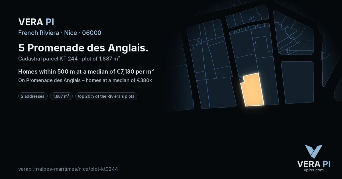 5 Promenade des Anglais, Nice at night – the plot lit, the parcels around coloured by the prices near them