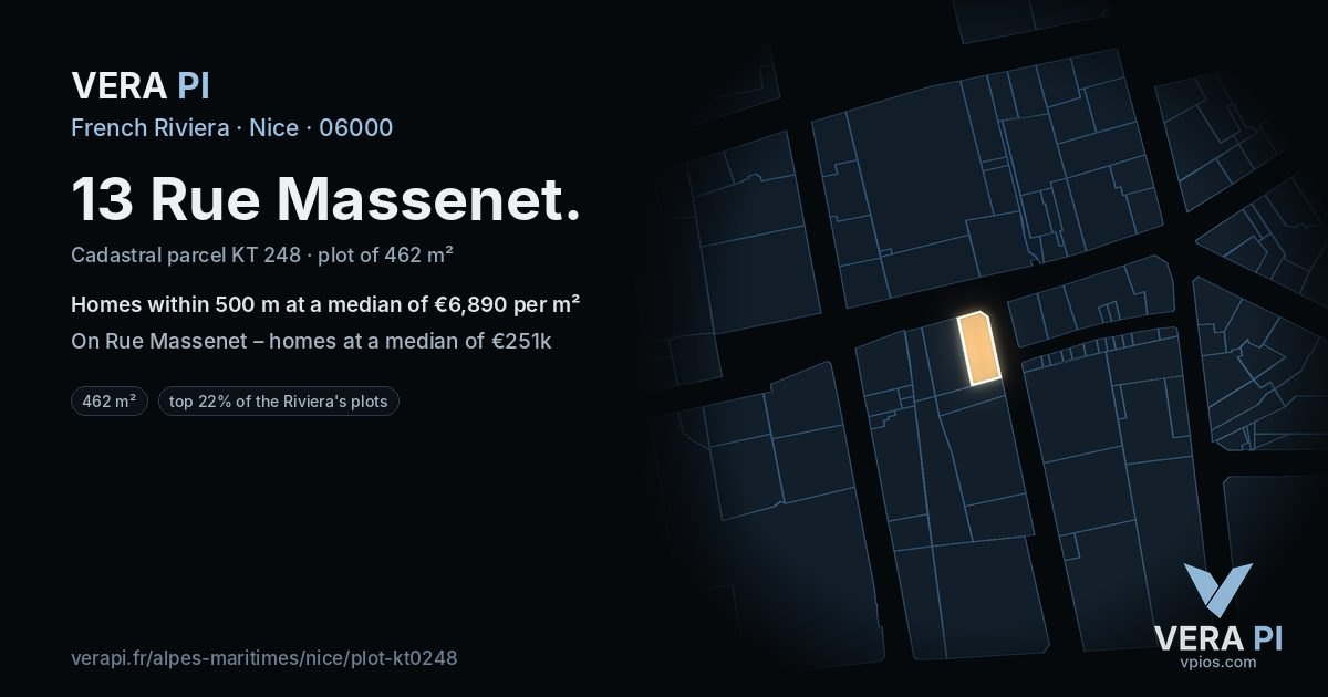 13 Rue Massenet, Nice at night – the plot lit, the parcels around coloured by the prices near them