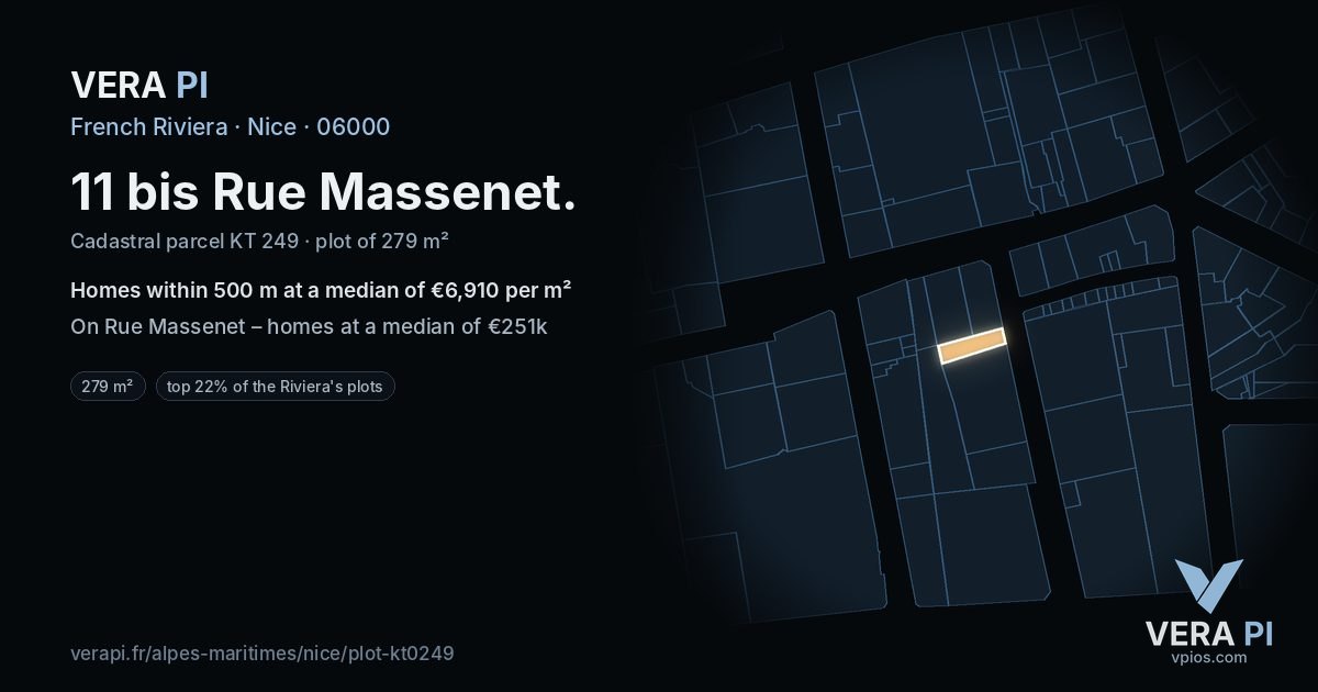 11 bis Rue Massenet, Nice at night – the plot lit, the parcels around coloured by the prices near them