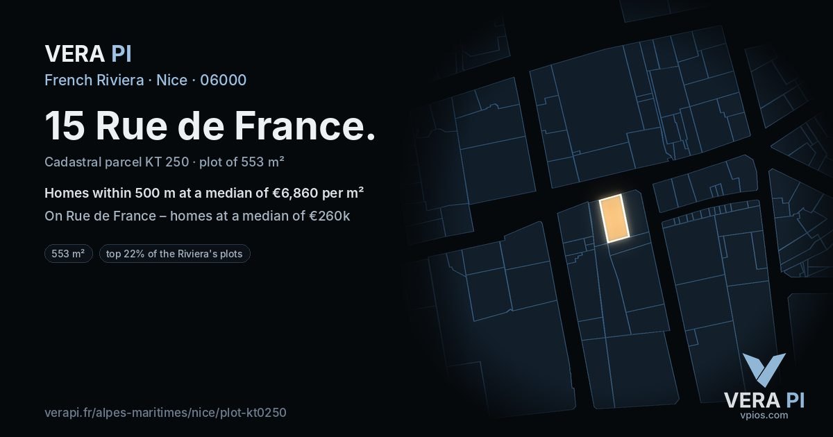 15 Rue de France, Nice at night – the plot lit, the parcels around coloured by the prices near them